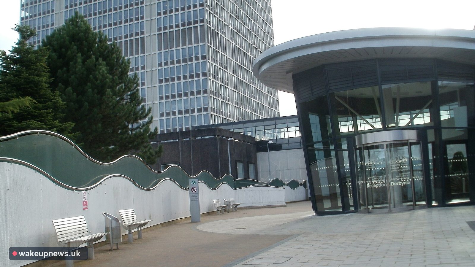 DVLA headquarters tower and glass reception entrance in Swansea