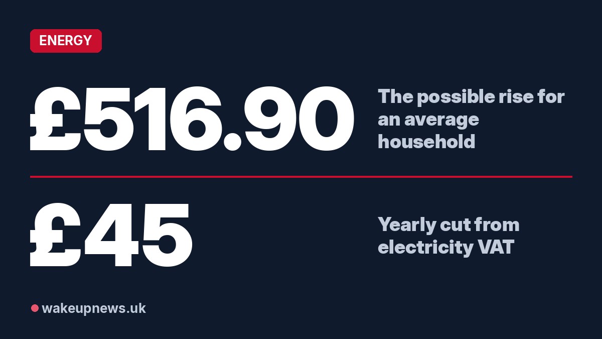 Wake Up News graphic. £516.90: The possible rise for an average household. £45: Yearly cut from electricity VAT.