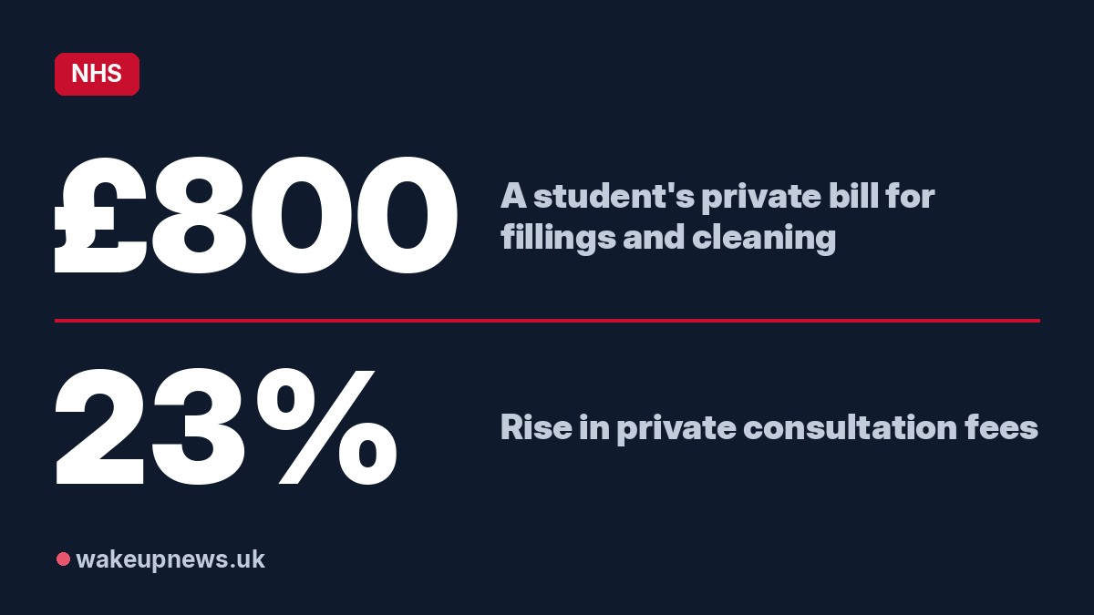 Wake Up News graphic. £800: A student's private bill for fillings and cleaning. 23%: Rise in private consultation fees.
