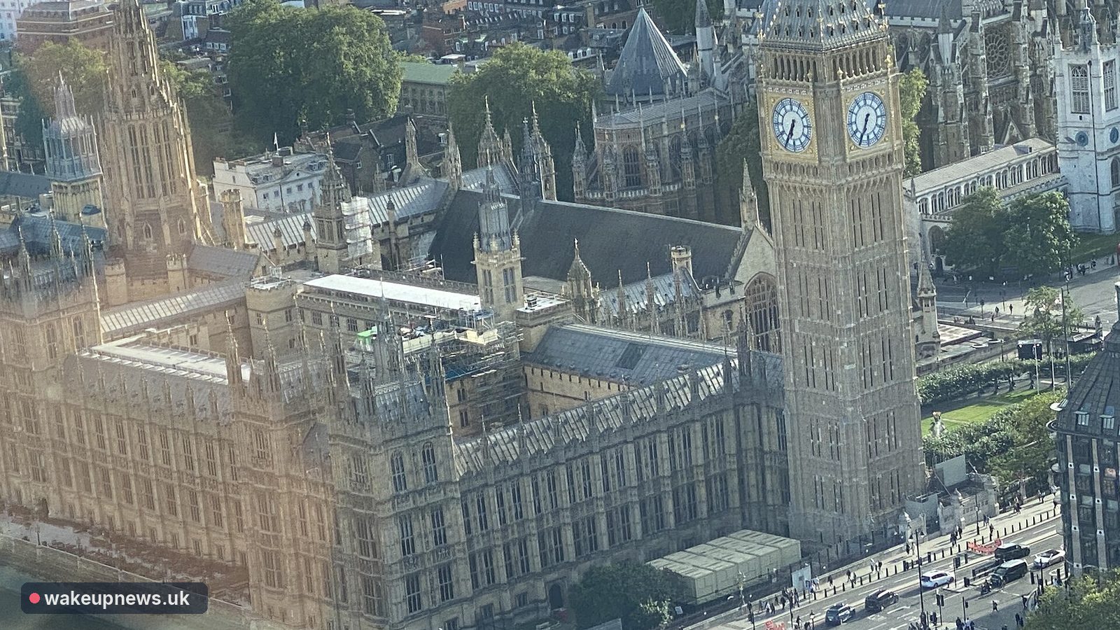Aerial view of the Houses of Parliament and Big Ben in Westminster, London